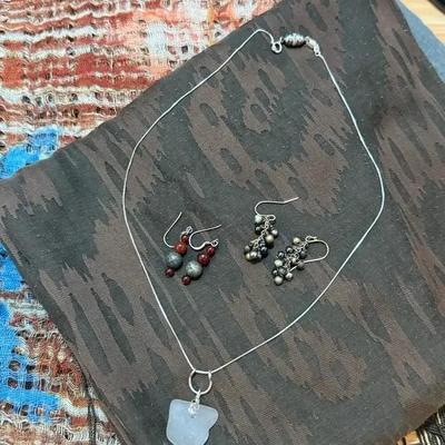 Sterling seaglass necklace with three scarves