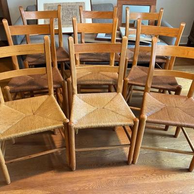 Ten wooden ladder back rush seat chairs
