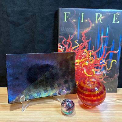 Art glass plate signed mcvay and unopened chihuly book