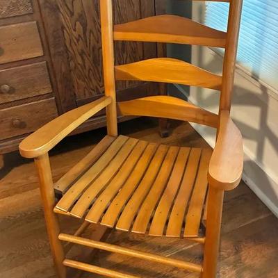 Wooden ladderback rocking chair with slat seat