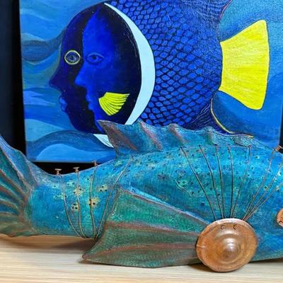 Home decor blue fish painting sculpture
