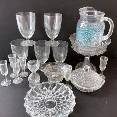 MCM Federal Glass Pitcher With Etched Goblets, Fostoria Glass And More 