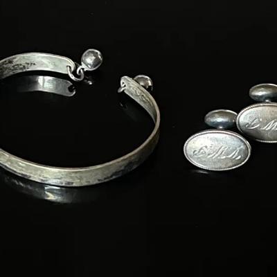 Leonore Dostow Sterling Monogrammed Bangle and Monogrammed Silver Cufflinks 