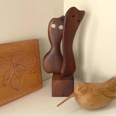 1970’s Modernist Freeform Wood Walnut Sculpture With Carved Bird