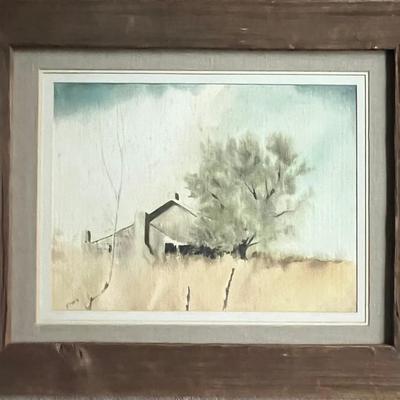 Signed Watercolor of Barn with Tree, Barnwood Frame