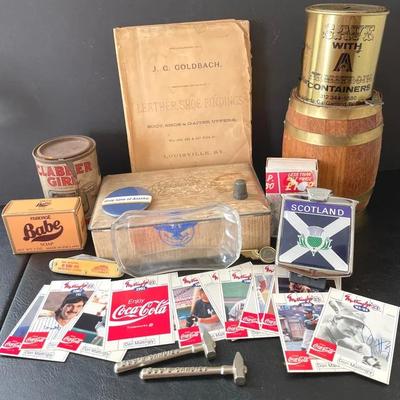 Advertising Collection With Scotland Car Badge, Coca-Cola Baseball Cards, Sterling Thimble And More