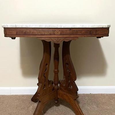 Victorian Eastlake Burl Walnut Marble Top Parlor Table