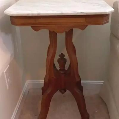 Antique Victorian Eastlake Walnut Marble Top Table 