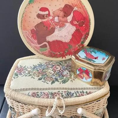 Tapestry Woven Sewing Basket With Tins Of Sewing Notions 