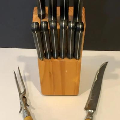 Set Of Stainless Steel Blade Knives And Vintage Carving Set With Antler Handles