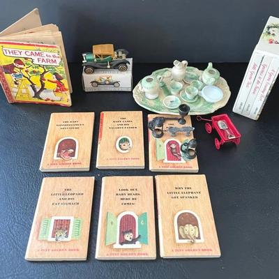 Antique Miniature Tea Set With 1960’s Tiny Golden Books And More 