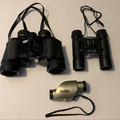 Two Bushnell Binoculars And Vivitar Mini Pocket Monocular