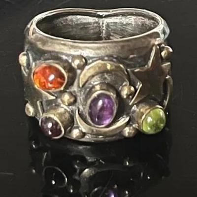 925 Sterling Silver Ring with Amethyst, Peridot, Amber