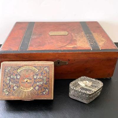 Antique Writing Box With Brass Perpetual Desk Calendar and Silverplate Trinket Box
