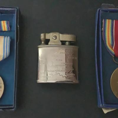 WWII Navy Medals And Tiki Lighter Engraved With Map Of France And Germany