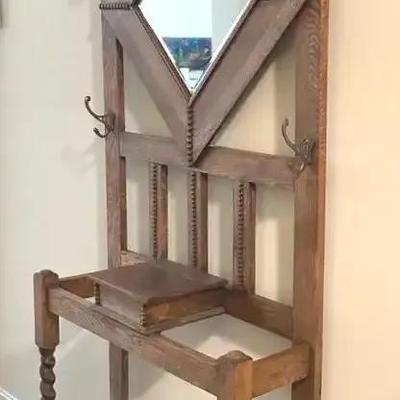 Antique Oak Hall Tree With Barley Twist Columns And Beveled Mirror 