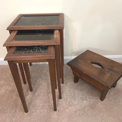 Three Vintage Ferguson Walnut Nesting Tables With Stool