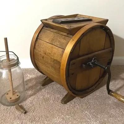 Antique Wooden Butter Barrel Churn with Glass Jar Churn
