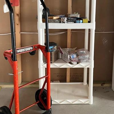 Tool Lot on Plastic Shelf Plus Two Wheel Cart
