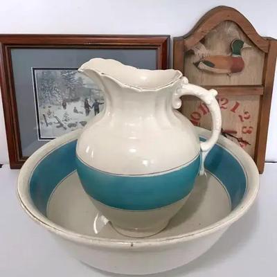 Antique Pitcher And Basin With Country Clock And Framed Print 