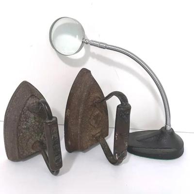 Antique Sad Irons With Iron Magnifying Glass