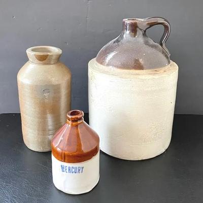 Vintage Stoneware Canning Crock, Mercury Jug And Stoneware Jug 