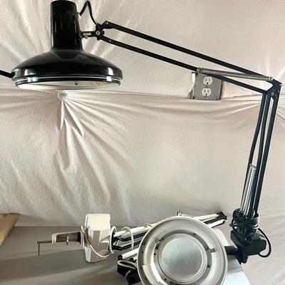 Two Clamp On Table Task Lights, One a Magnifier