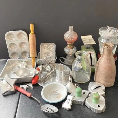 Vintage Country Collectibles With Toy Cookware, Antique Leather Bottle And Enamelware 