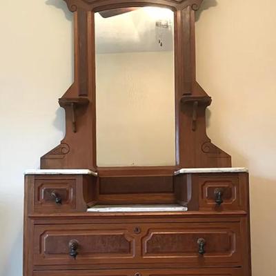 Victorian Eastlake Burl Walnut Marble Top Dresser with Crowned Mirror