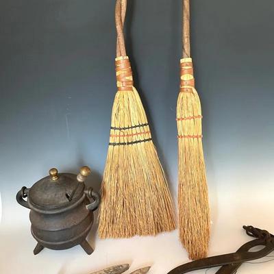 Antique Iron Smudge Pot, Railroad Spikes, Ice Tongs and Brooms