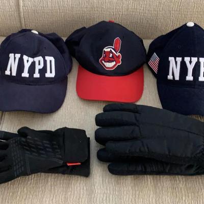 NYPD, Cleveland Indians Hats + Two Pairs Of Gloves