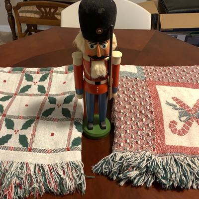 Woven Cotton Christmas Throws (2) And German Nutcracker