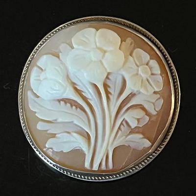 Antique Silver Shell Floral Cameo Converter Brooch