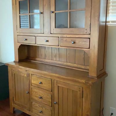 Reproduction Oak Stepback China Cupboard with Seeded Glass Panes