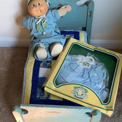 Cabbage Patch Doll, Outfit In Box, Doll Bed Quilt And Handmade Doll Bed
