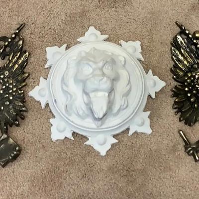 Two Metal Heraldic Double Headed Eagle Plaques With Lions On The Shield + Composite Lion Head