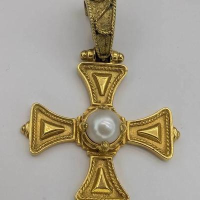18K Gold & Pearl Byzantine Cross Pendant 