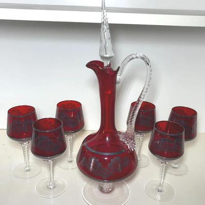 Ruby Red Murano Decanter & 6 Stemmed Glasses