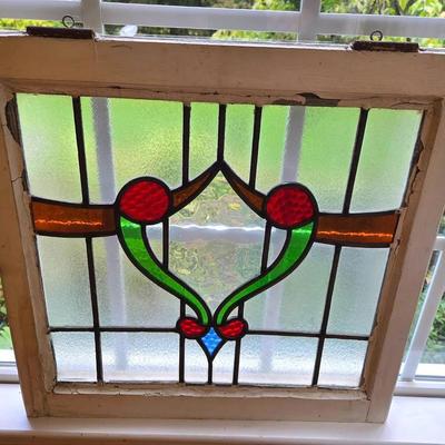 Vintage Handmade Stained Glass Art Window Green Red 