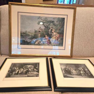 3 Antique Art Prints: Steel Engravings, French