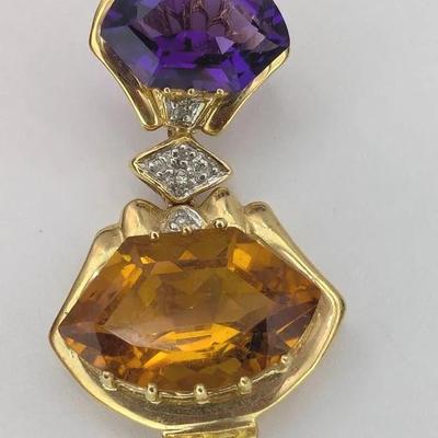 14K Gold, Amethyst & Citrine Pendant 