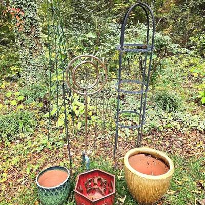 Garden Clay Pots, Metal Trellises & Sprinkler