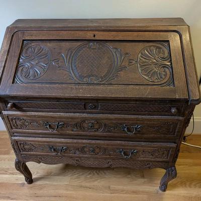 Carved Wood Slant Front Secretary Desk 