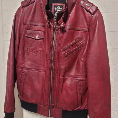 Burgandy Leather Jacket with Stretch Hem and Cuffs, Hardware Details, Zip Front New w/o Tags