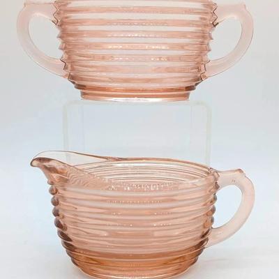 Anchor Hocking Pink Manhattan Depression Glass  Creamer  and Sugar Set
