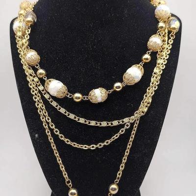 Gold Tone Multistrand Necklace with Faux Pearls and Faceted Beads