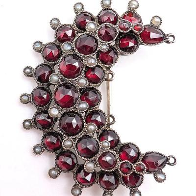 Early Rose Cut Garnet and Seed Pearl Crescent Moon Pin