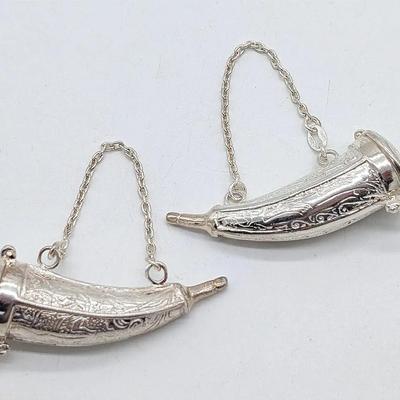 Set of 2 Sterling Silver Victorian Style Snuff or Perfume Horn with Engraved Pattern Marked Italy