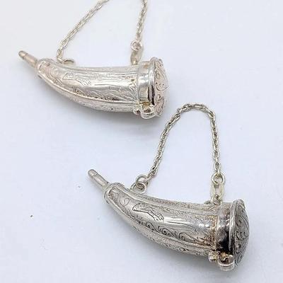 Set of 2 Sterling Silver Victorian Style Snuff or Perfume Horn with Engraved Pattern Marked Italy