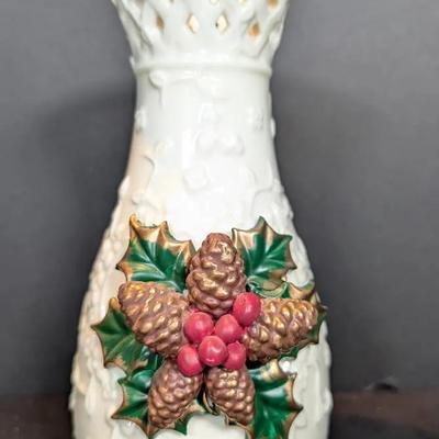 Vintage Ceramic Pine Cone and Holly Christmas Holiday Vase